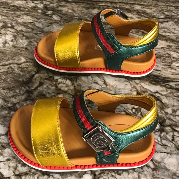 Gucci Kids Metallic Gold and Green Sandals
